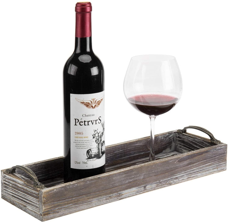 16-inch Torched Wood Rectangular Serving Tray with Decorative Antique Metal Handles-MyGift