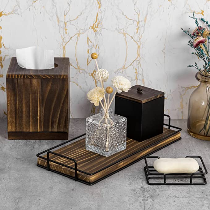 Bathroom Accessories Set with Tissue Box Cover, Soap Dish, Cotton Swab Holder, Vanity Tray-MyGift