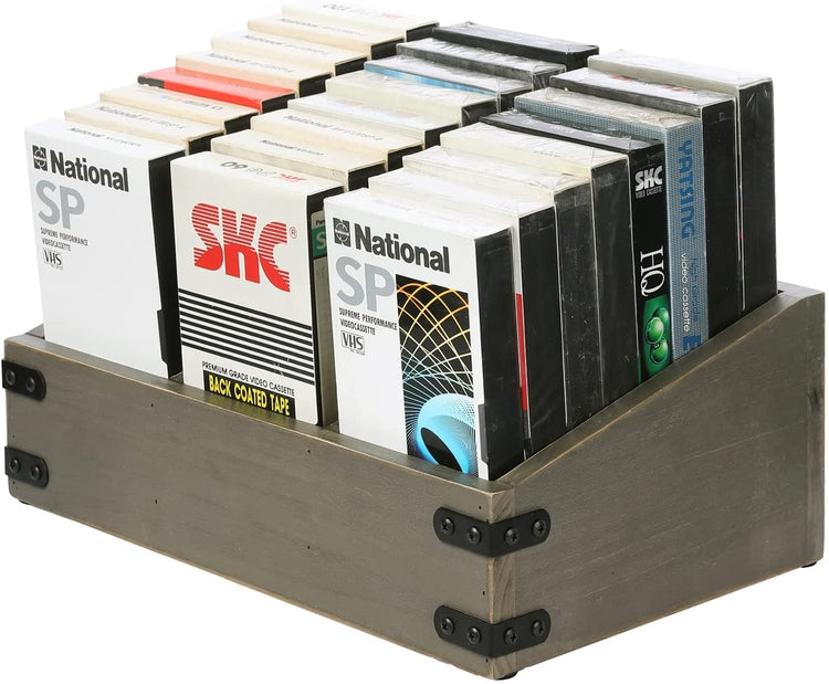 3-Compartment Gray Wood VHS Storage Box, Video Tape Retro Display Holder with Decorative Metal Corner Wraps-MyGift