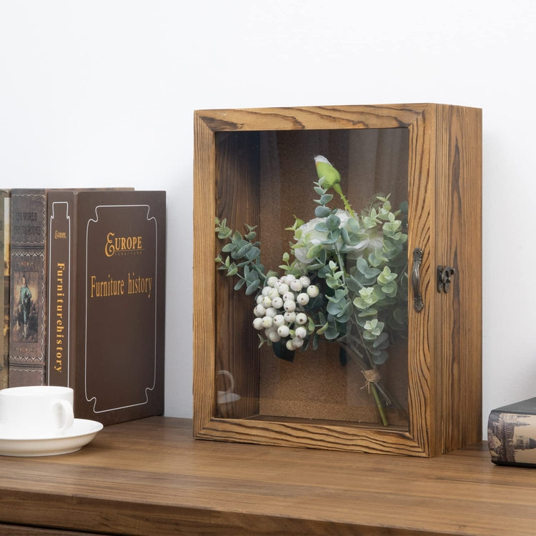 Burnt Wood Shadow Box with Cork Board Backing, 11x14 Wall Mounted Display Case and Clear Acrylic Front Panel Door-MyGift