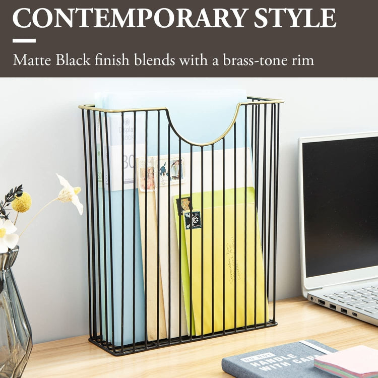 Art Deco Style Matte Black Metal Wire Magazine Rack with Brass Tone Rim, Wall Mounted Holder Storage Basket for Mail-MyGift
