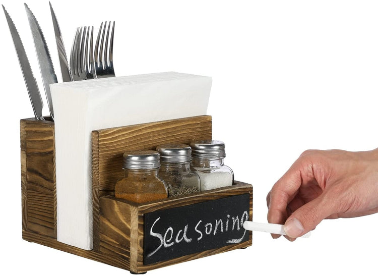All-in-one Brown Wood Condiment Serving Caddy with Napkin Holder, Dining Utensil Organizer, 3 Salt & Pepper Shakers and Chalkboard Surface-MyGift