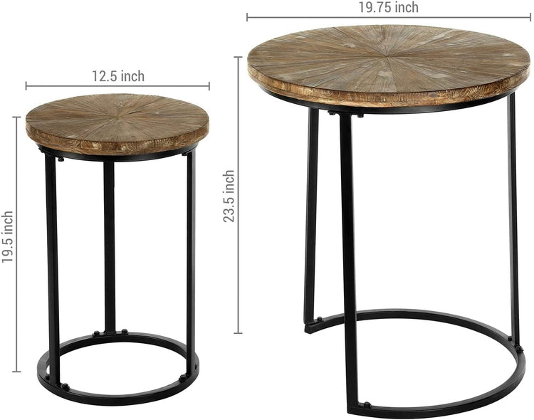 Set of 2, Brown Reclaimed Wood and Matte Black Metal Round Nesting End Tables-MyGift