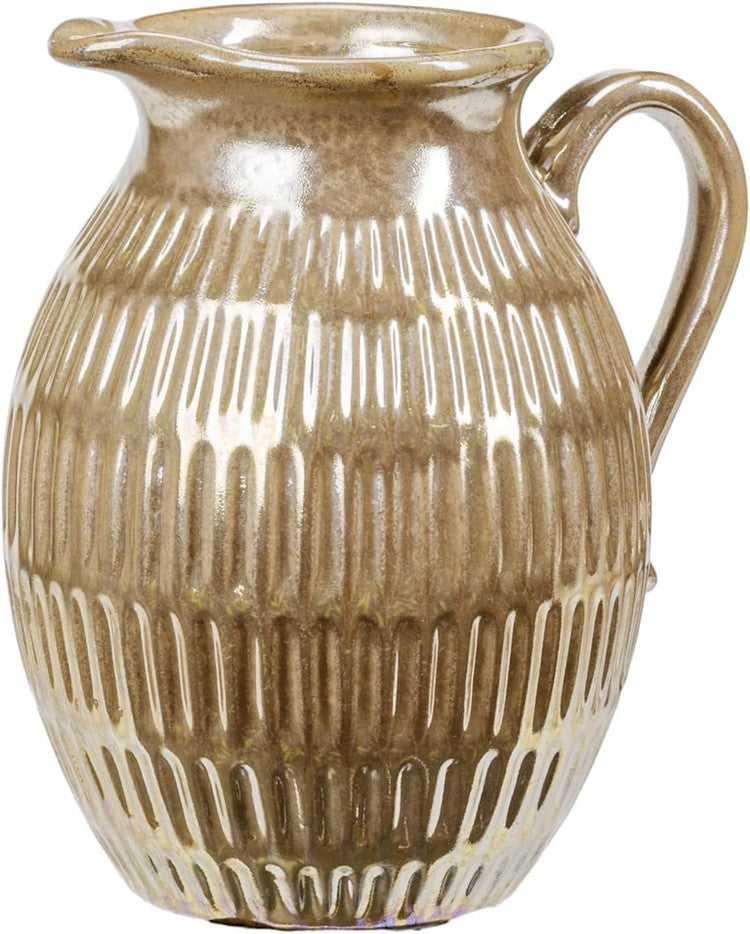 Vintage Small Jug Flower Vase with Brass Glazed Finish, Vertical Ribbed Ceramic Tabletop Pitcher Floral Vase-MyGift