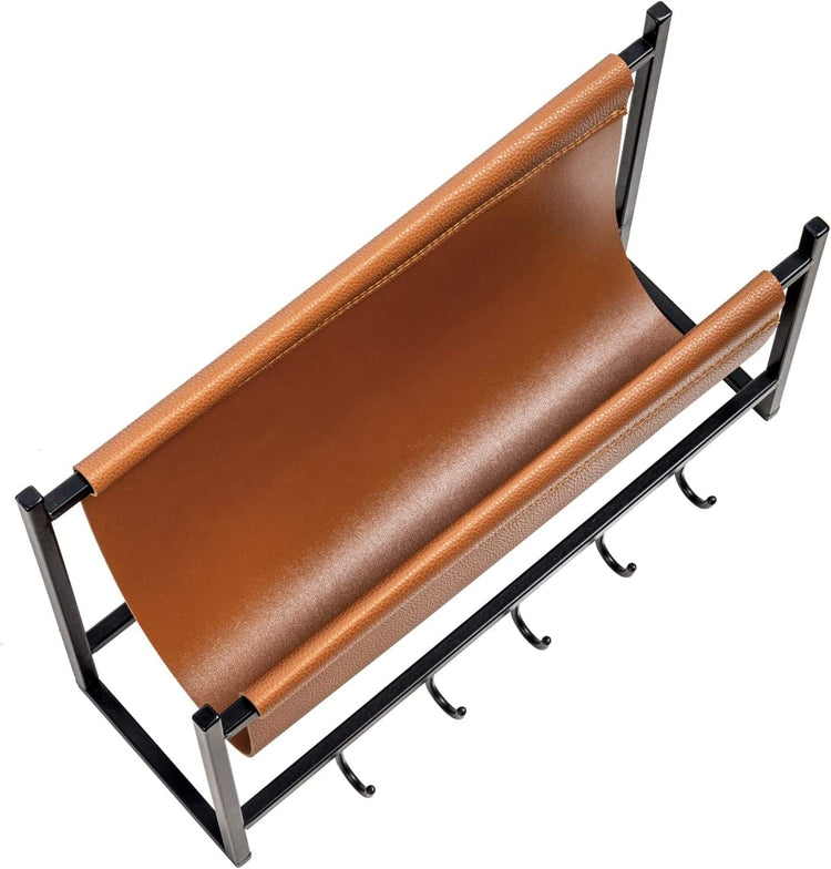 Industrial Black Metal Hanging Magazine Rack with Leatherette Sling, Wall Mounted Entryway Mail Holder and Key Hanger-MyGift