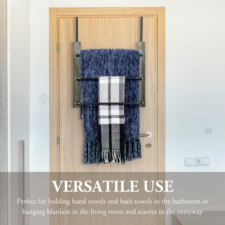 Over the Door Towel Rack in Gray Wood and Tiered Matte Black Metal Bar ...