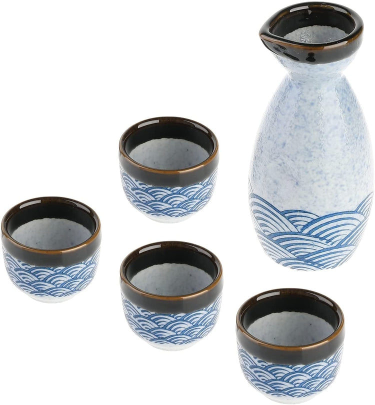 Japanese Glazed Ceramic Sake Set with Oriental Style Blue Ocean Waves Design Includes Serving Carafe and 4 Sake Cups-MyGift