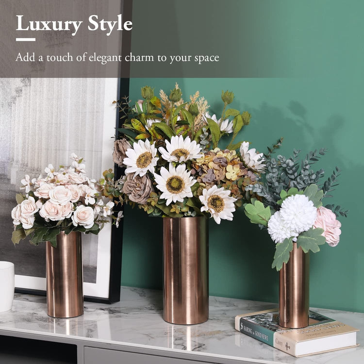 Tall Copper Tone Metal Cylinder Wedding Centerpiece Flower Vases, 3 Piece Set, Larger Assorted Sizes-MyGift