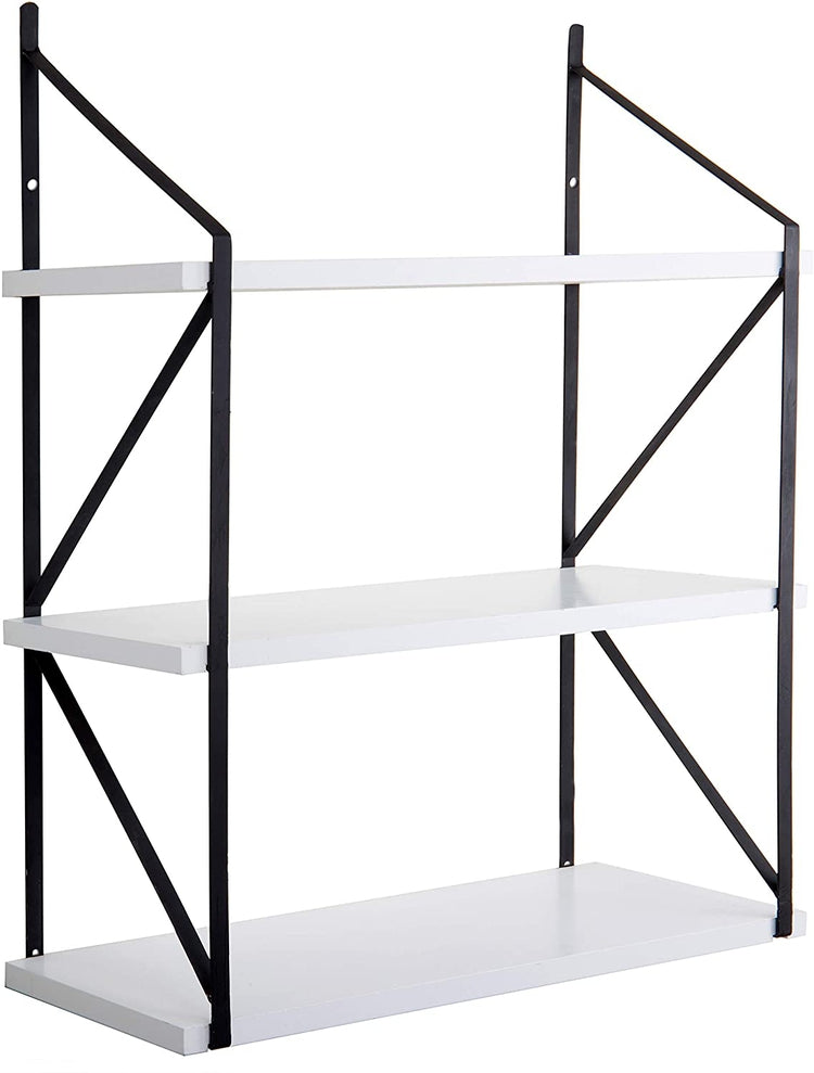 3-Tier White Wood Hanging Wall Shelf with Black Metal Brackets-MyGift