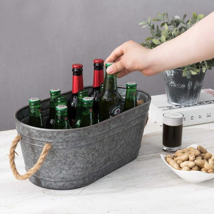 Galvanized Silver Metal Small Tabletop Beer Server, Beverage Tub with Rope Handles-MyGift