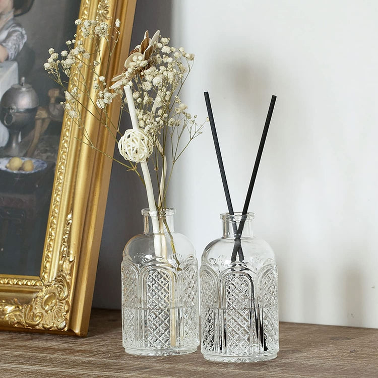 Set of 2, Embossed Clear Glass Decorative Reed Diffuser Bottle, Mini Tabletop Bud Vases-MyGift