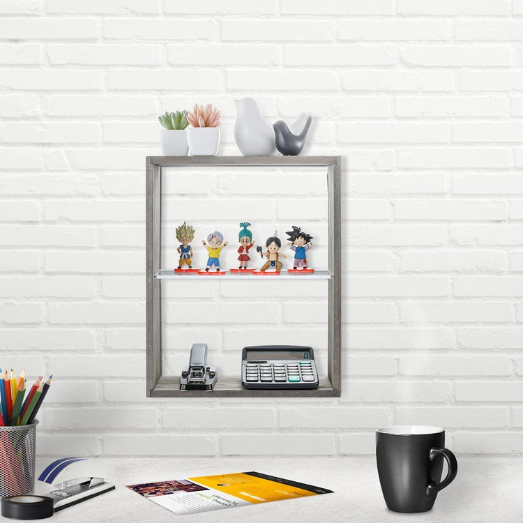 Wall Mounted Storage Rack, Gray Wood and Clear Acrylic Floating Display Shelf-MyGift