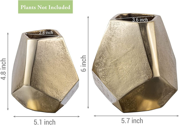 4 and 6 Inch Brass Tone Cast Aluminum Geometric Vases, Pentagonal Vase Centerpiece-MyGift