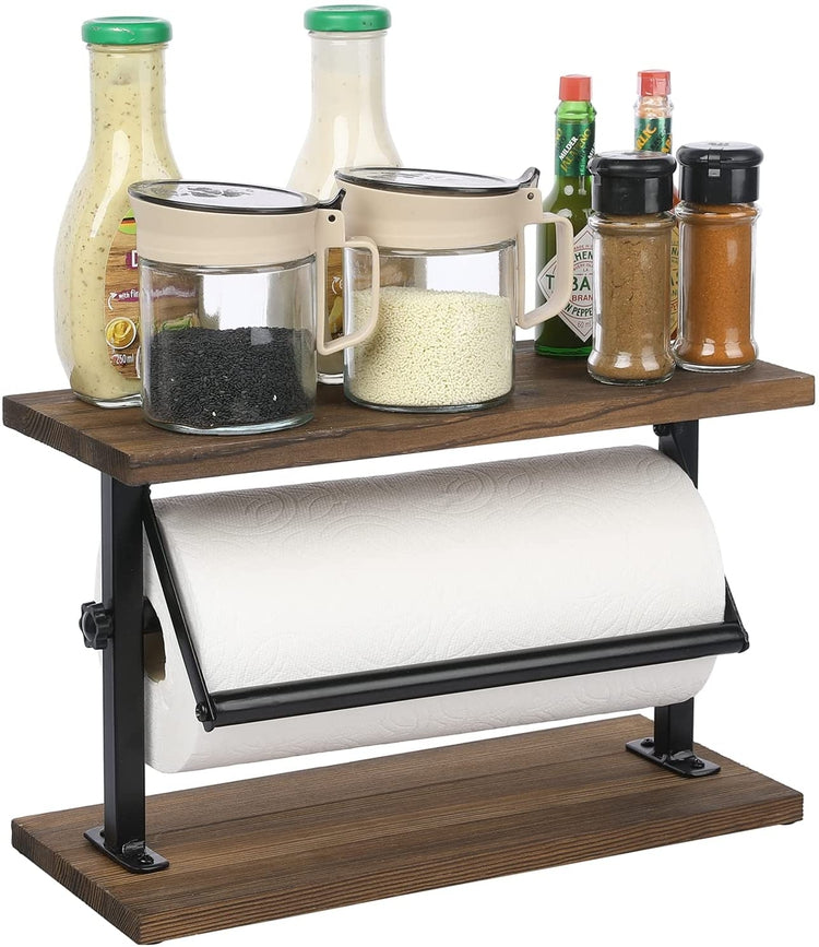 Kitchen Paper Towel Holder Countertop Rack, Rustic Burnt Wood and Metal Towel Dispenser with Top Shelf-MyGift
