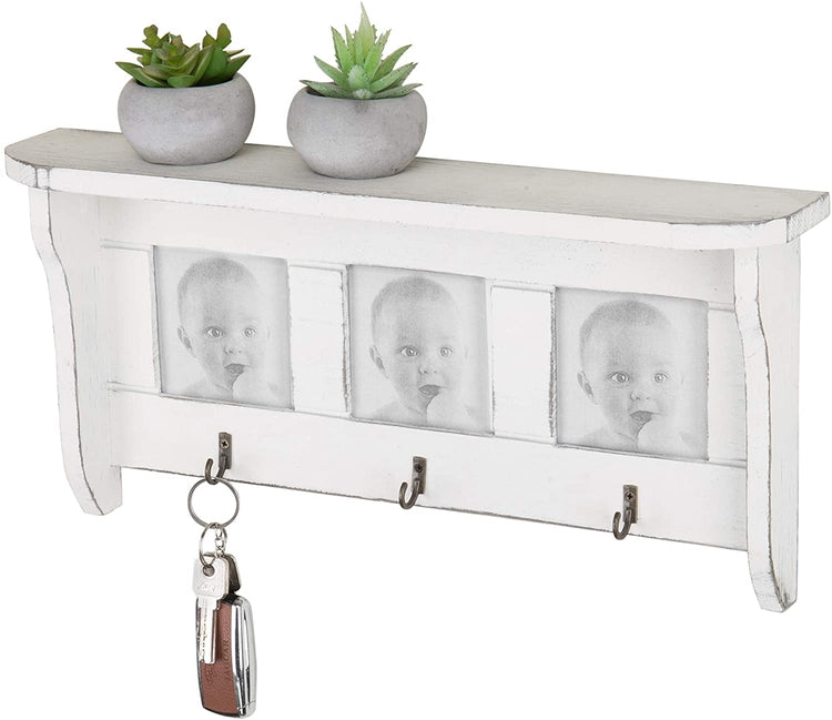 16-Inch Wall-Mounted White Wood Display Shelf with 3 x 3 Picture Frames & Key Hooks-MyGift
