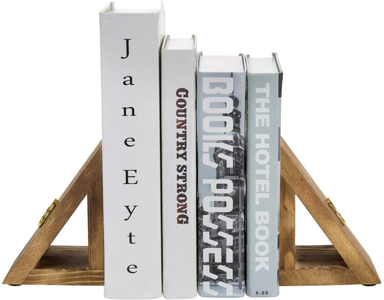 Brown Burnt Wood Triangular Decorative Desktop Bookends with Brass Tone Ring Handle Accents-MyGift