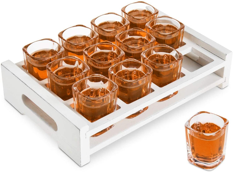 12 Shot Glass Set with Decorative Vintage White Wood Tray, Home Bar or Restaurant Shot Glass Set-MyGift
