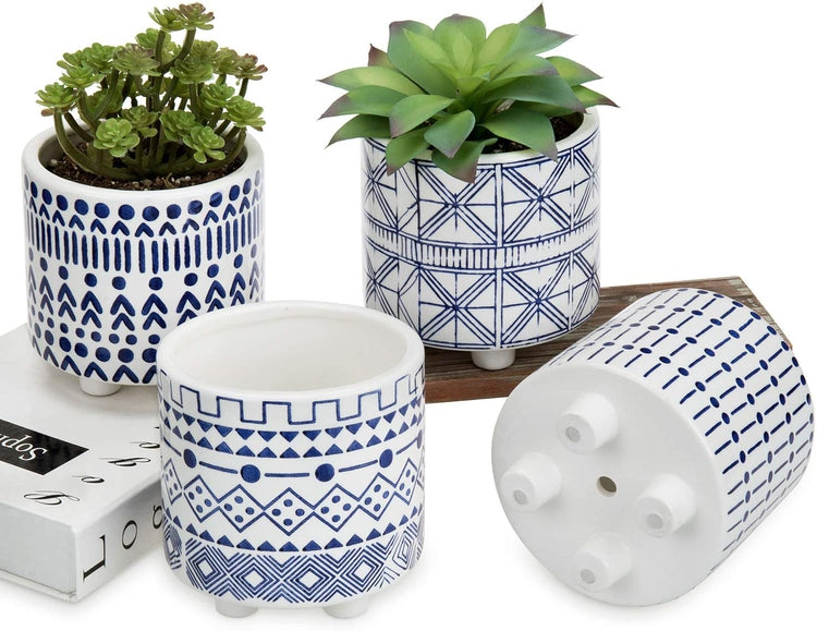 Set of 4 Mediterranean Style Blue and White Ceramic Footed Planter Pots-MyGift