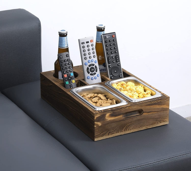 Bamboo Rustic Couch Snack Caddy,TV Tray Cup Holder with 2 Red Wine