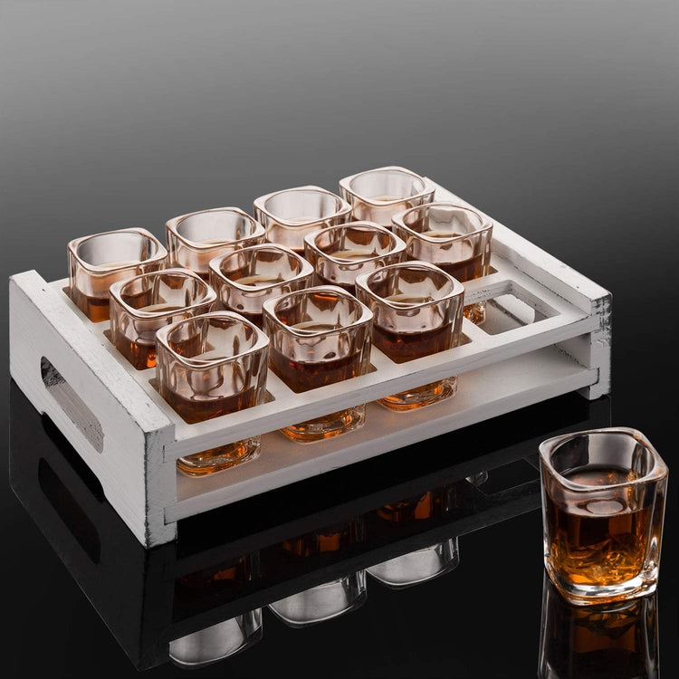 12 Shot Glass Set with Decorative Vintage White Wood Tray, Home Bar or Restaurant Shot Glass Set-MyGift