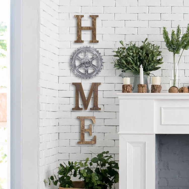 Rustic Burnt Wood Wall Mounted HOME Letter Sign with Industrial Gear Decoration-MyGift