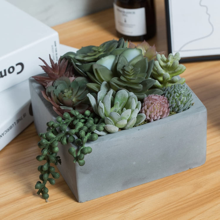 Artificial Assorted Succulent Faux Plants Arrangement in Square Concrete Pot, Decorative Tabletop Centerpiece-MyGift