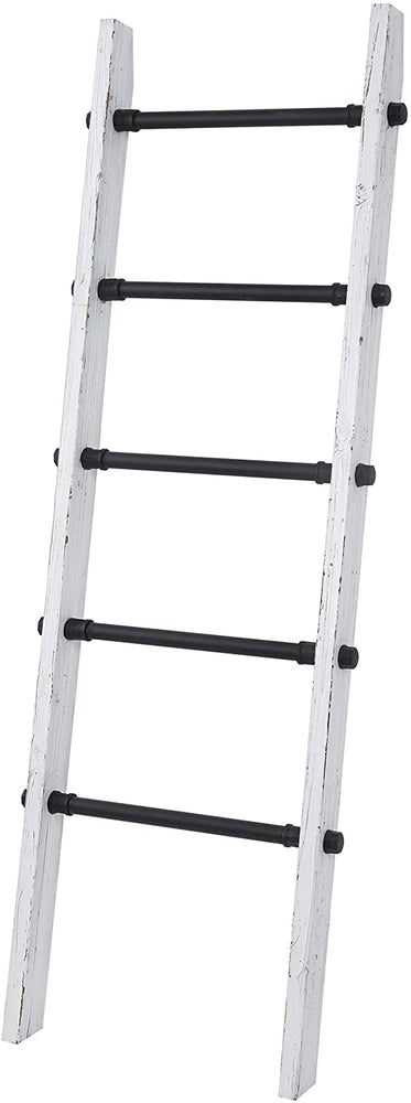 Industrial Pipe and Wood Quilt Blanket Ladder, Whitewashed Towel Storage Stand-MyGift