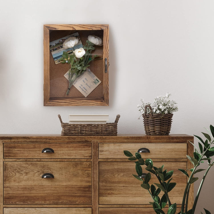 Burnt Wood Shadow Box with Cork Board Backing, 11x14 Wall Mounted Display Case and Clear Acrylic Front Panel Door-MyGift