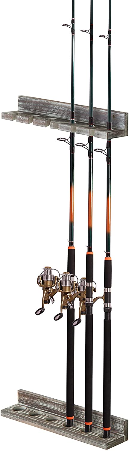 Torched Wood Vertical Fishing Pole Wall Storage Rack-MyGift
