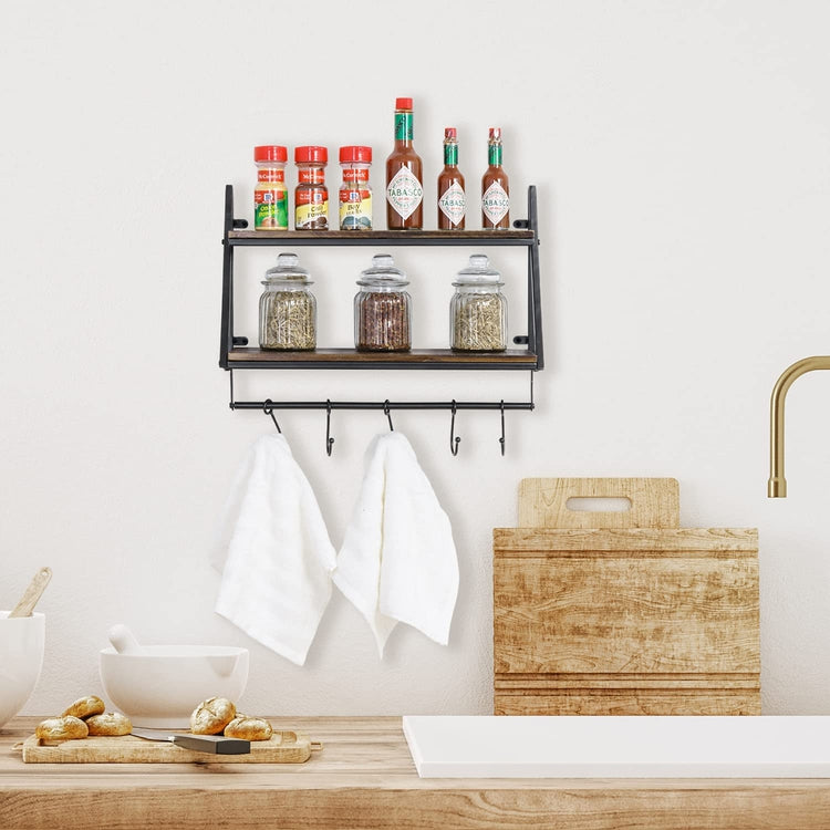 Floating Shelves with Industrial Metal and Burnt Wood, Wall Mounted 2-Tier Display Shelf with 5 Hooks-MyGift