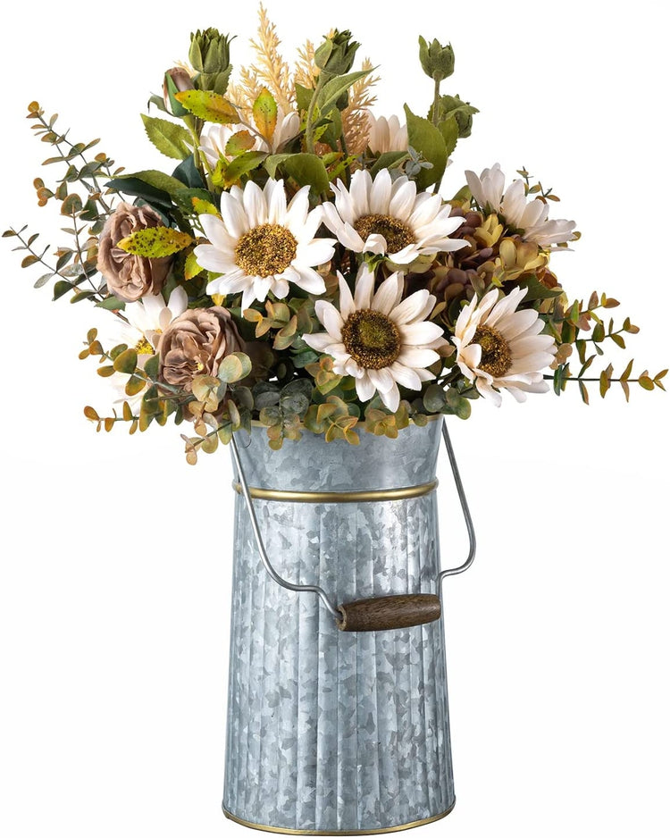 10 Inch Galvanized Corrugated Metal Vase with Brass Tone Rim and Mango Wood Handle, Flower Bucket Centerpiece Décor-MyGift