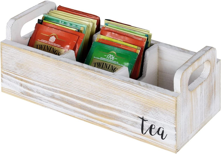 Whitewashed Wood Tea Bag Storage Box, Tea Sugar Packet Holder and Server Caddy with 3 Compartments and Cut Out Handles-MyGift