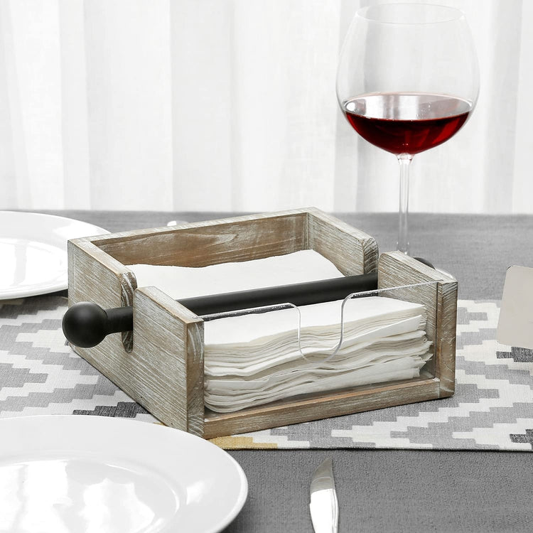 Whitewashed Wood Square Paper Napkin Holder Rack with Matte Black Metal Weighted Arm Bar-MyGift