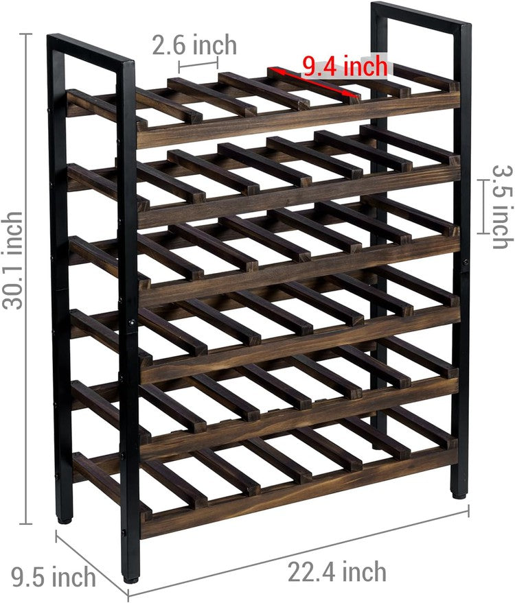 6 Tier Brown Wood and Black Metal Wine Bottle Holder Storage Rack - Thumbnail 4