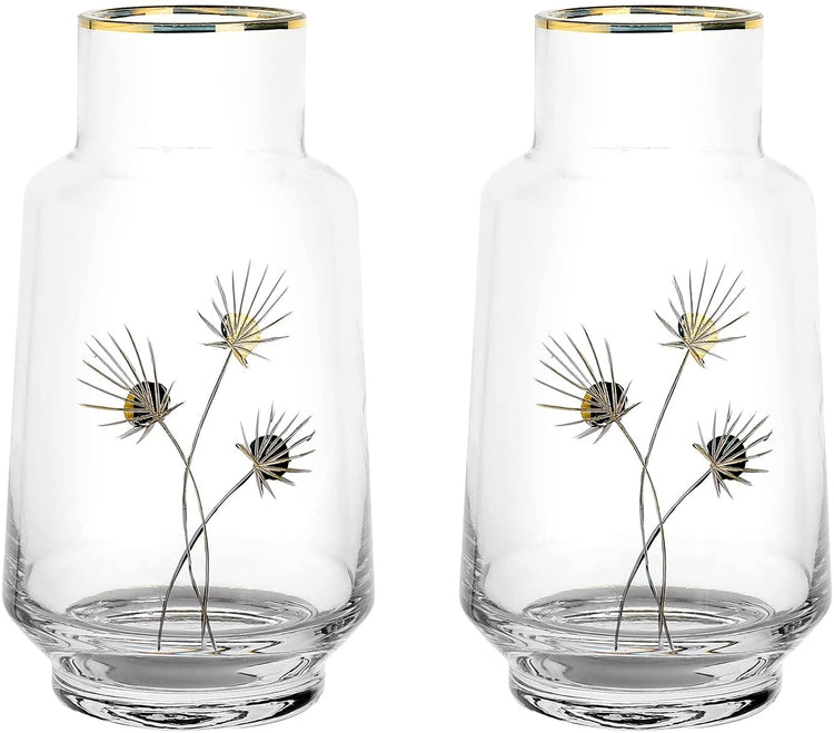 Set of 2, Clear Glass Flower Vase Decorative Embossed Dandelion Design and Gold Tone Rim-MyGift