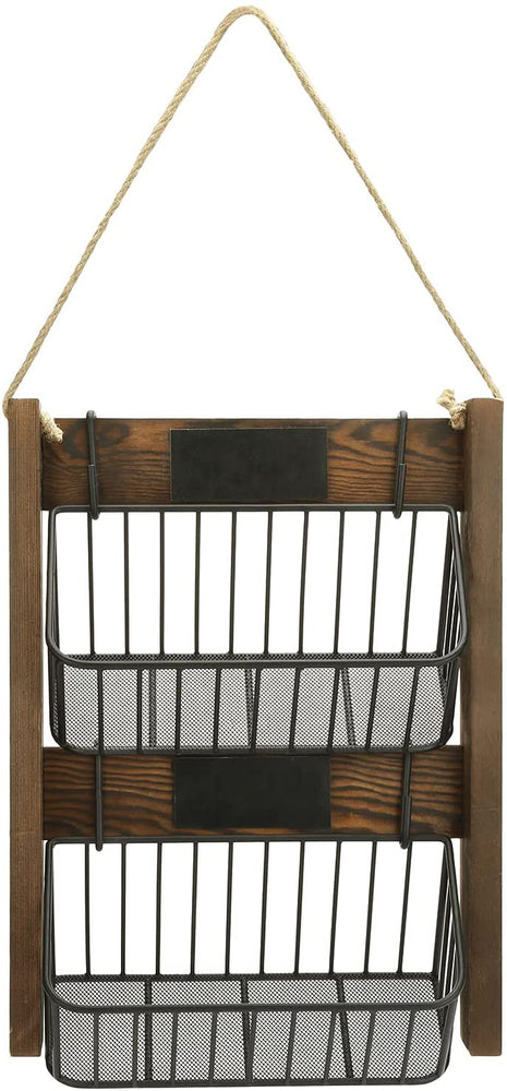 Dark Brown Burnt Wood and Black Metal Wire Hanging Baskets with Rope and Chalkboard Labels-MyGift