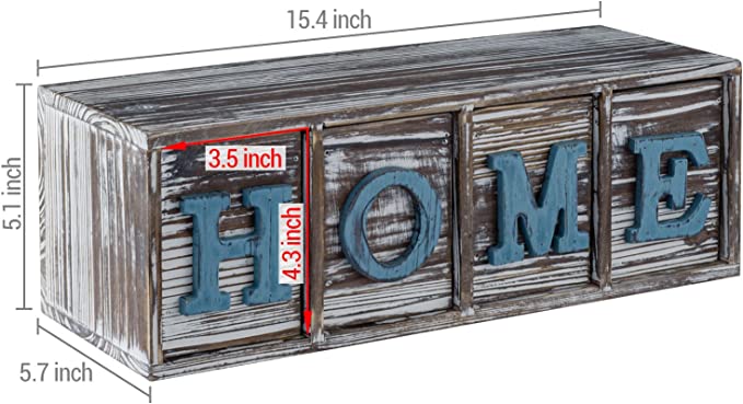 Rustic Wood Home Sign Display Shelf with Block Letter Drawers, Floating Shelf with Storage Drawers-MyGift