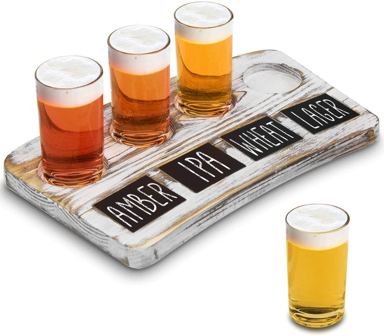 4-Glass Whitewashed Wood Beer Flight Sampler Serving Tray with Chalkboard Labels-MyGift