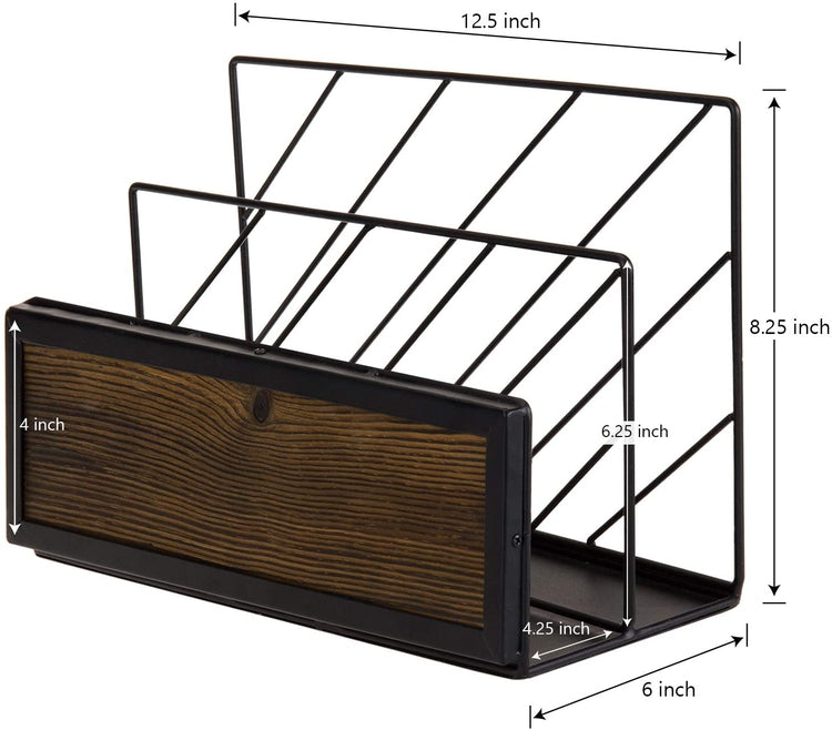 2-Slot Black Metal Wire and Burnt Wood Tabletop Mail Sorter Rack, Magazine Holder Organizer-MyGift
