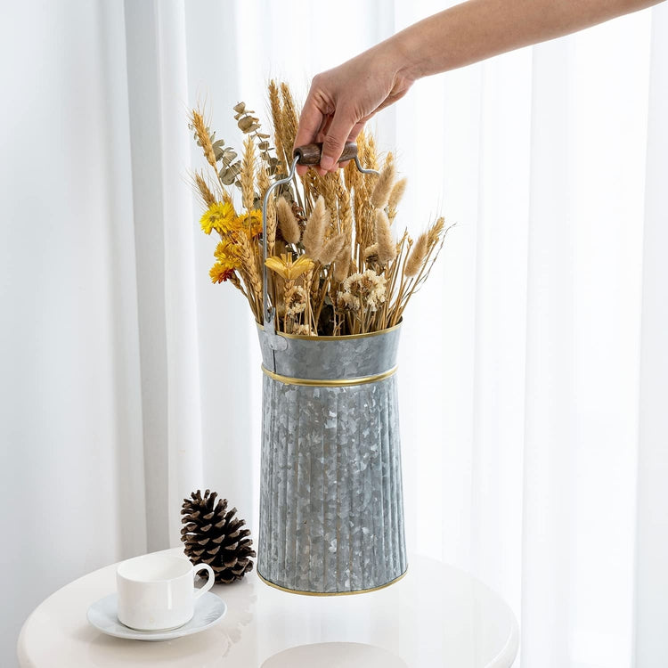 10 Inch Galvanized Corrugated Metal Vase with Brass Tone Rim and Mango Wood Handle, Flower Bucket Centerpiece Décor-MyGift