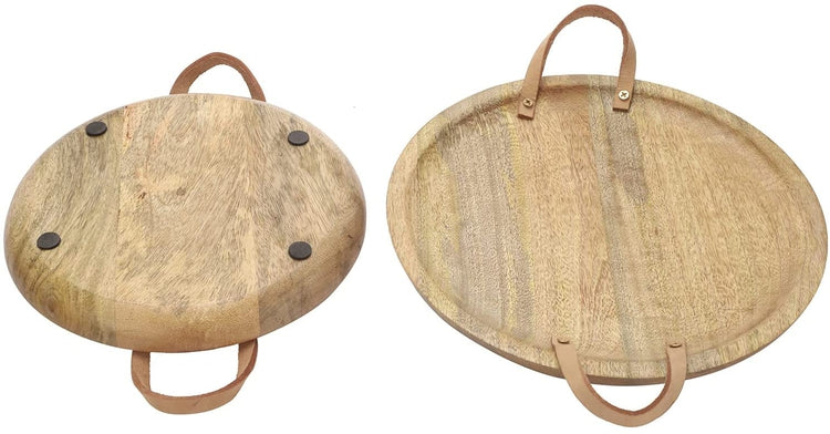 Set of 2, Handcrafted Mango Wood Serving Trays with Leatherette Handles, 12 and 10-Inch Round Trays-MyGift