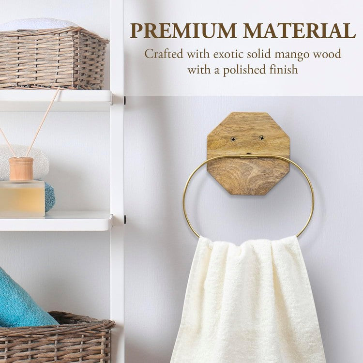 Wall Mounted Brass Oval Wire Towel Ring with Mango Wood Backing, Towel Holder for Kitchen-MyGift