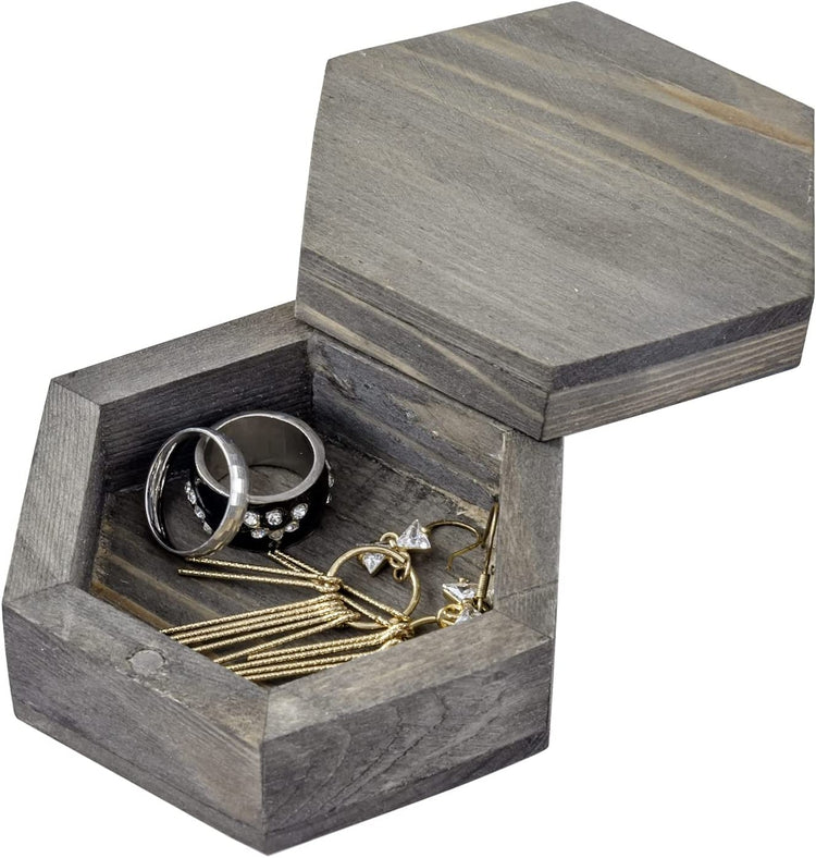 3-Inch Hexagonal Gray Wood Ring and Trinket Box for Wedding Ceremony, Small Trinket Jewelry Box-MyGift
