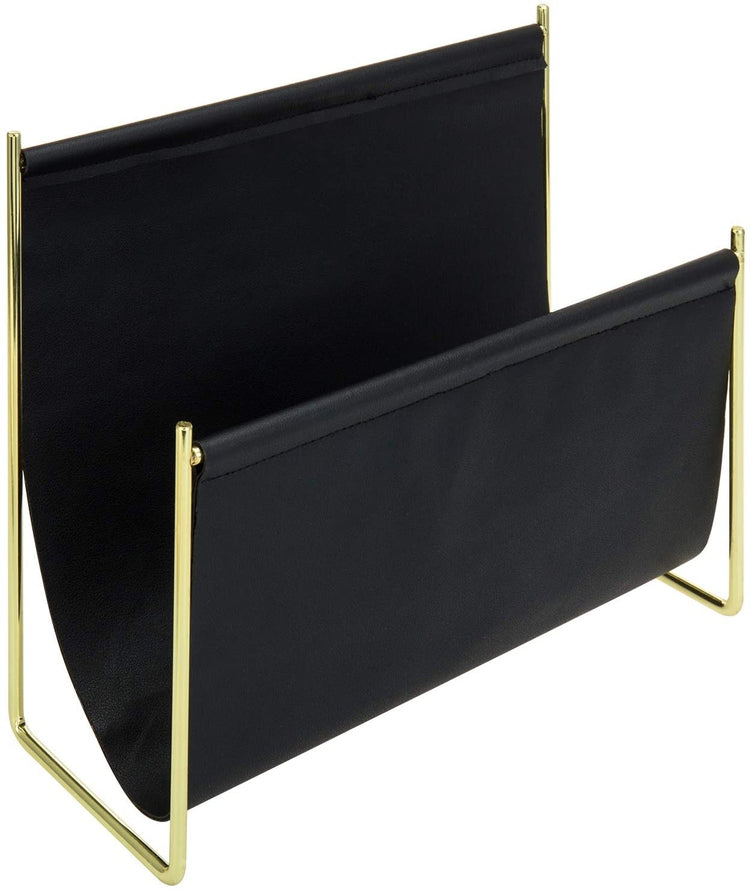 Modern Brass Plated and Black Leatherette Magazine Holder, Tabletop File Organizer Rack-MyGift