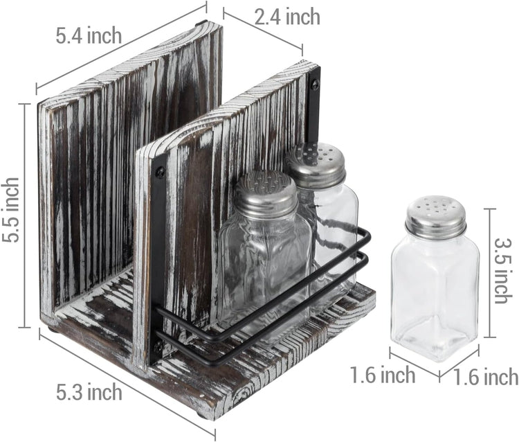 Tabletop Brown Wood Napkin Dispenser Stan, Napkin Holder w/ 3 Shakers for Salt, Pepper/Spices-MyGift