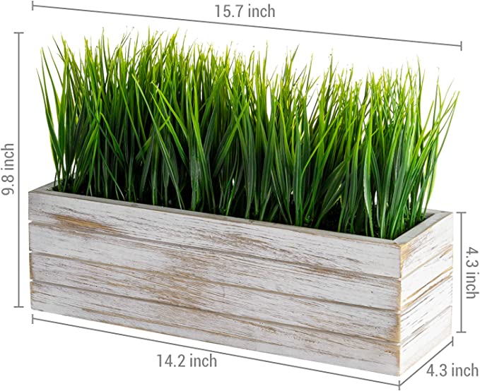 14 Inch Faux Green Grass Plant in Shabby Whitewashed Wood Planter Window Box-MyGift