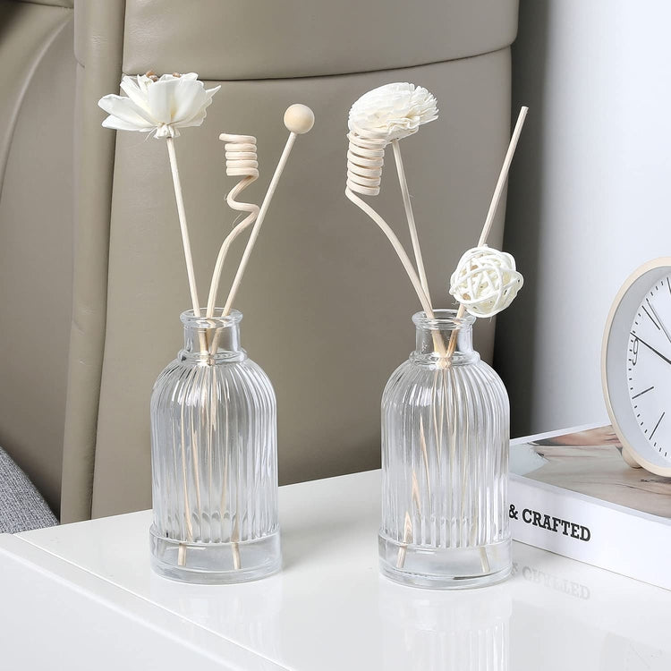 Set of 2, Embossed Clear Glass Reed Diffuser Bottles Rounded Miniature Flower Vases with Vertical Ribbed Textured Design-MyGift