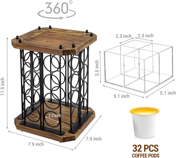 Rotating Coffee Pod Holder Burnt Wood and Black Metal Wire, Café Supplies Capsule Storage Rack Display Spinning Stand-MyGift