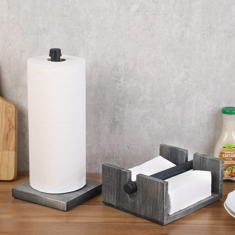 Kitchen Accessory Set, Gray Wood and Metal Paper Towel Holder Countertop and Napkin Holder with Weighted Arm-MyGift