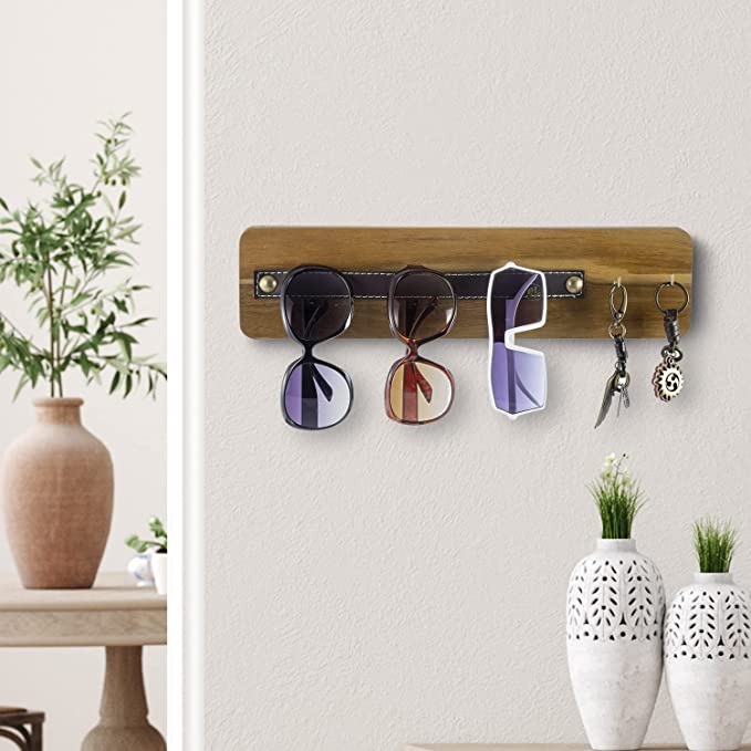 Acacia Wood Wall Mounted Sunglasses Display with Leatherette Strap Eyewear Hanging Rail and 2 Brass Metal Hooks-MyGift